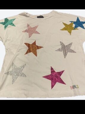 MonnaLisa Cream Short Sleeve Tee with Multicolor Sequin Stars